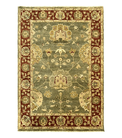 Indo Oushak Rug 4x6, Green and Maroon, Vintage Wool Floral Rug, Indian Agra Rug