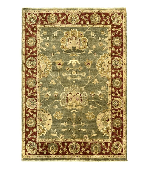 Indo Oushak Rug 4x6, Green and Maroon, Vintage Wool Floral Rug, Indian Agra Rug