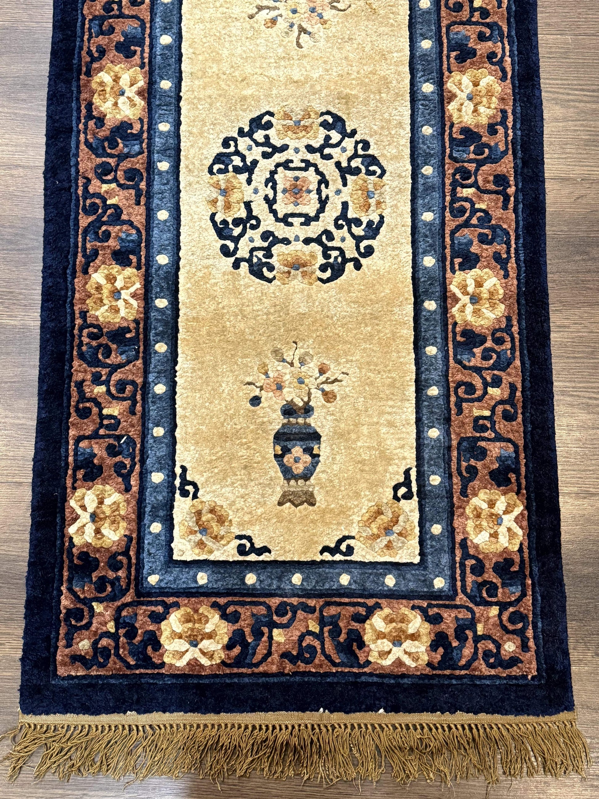 Silk Chinese Rug 2x4, Peking Carpet, Golden-Beige and Blue, Hand Knotted, Simple Design - Nuvé
