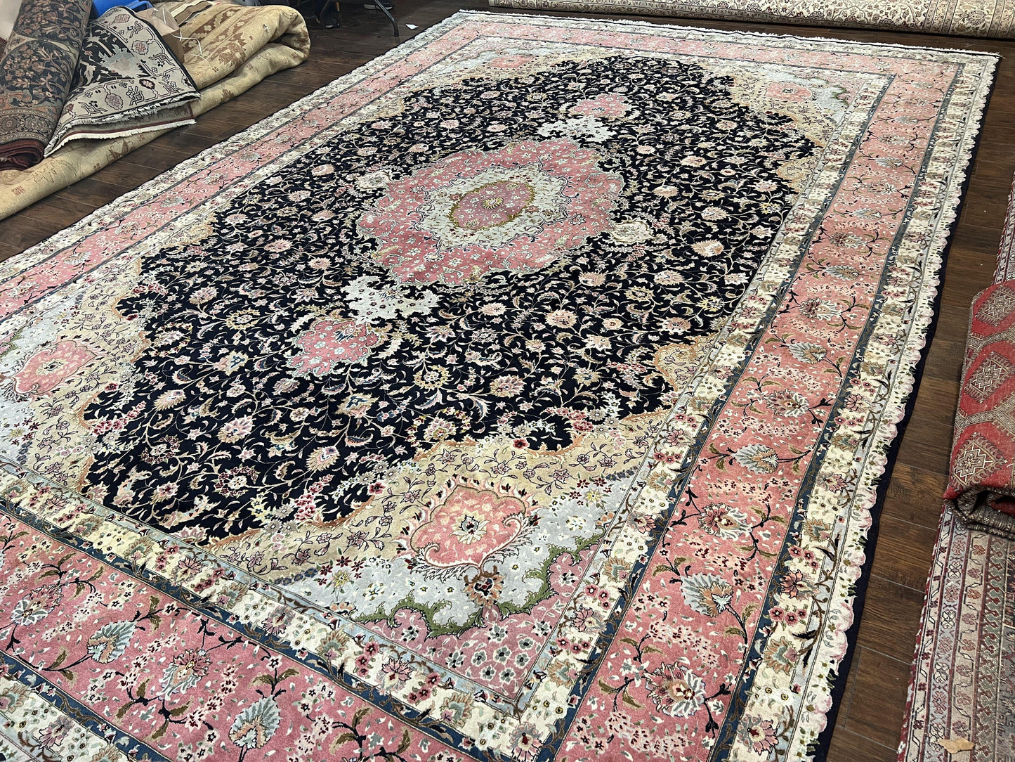 Magnificent Persian Tabriz Rug 11x16, Oversized Persian Carpet 11 x 16 ft, Wool on Silk Finely Hand Knotted, 450 KPSI, Floral Medallion, Black Pink - Nuvé