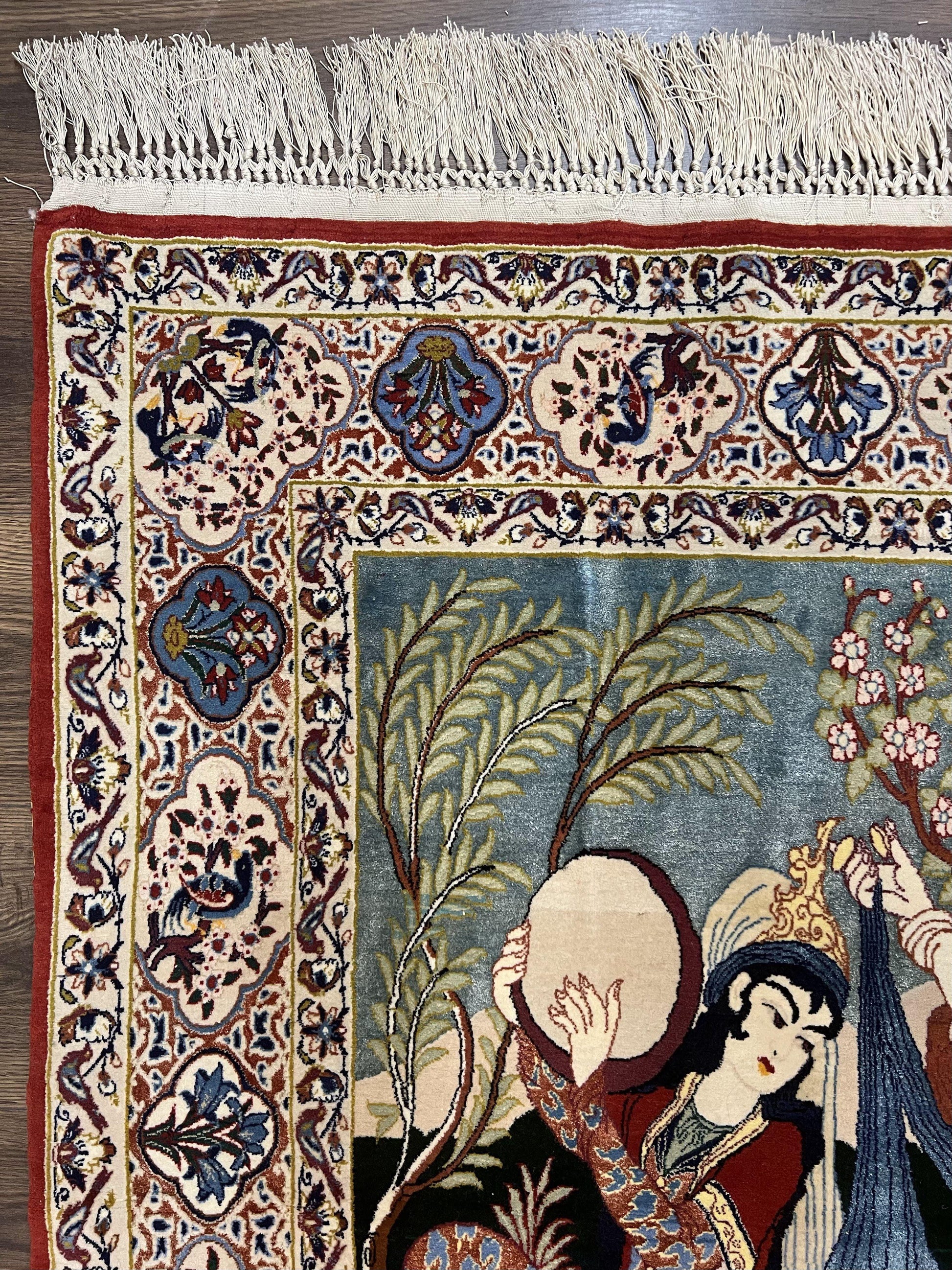 Persian Pictorial Rug 5 x 4 ft, Persian Isfahan Rug, Kork Wool on Silk Foundation, Signature from Master Weaver, Drums and Musical Instruments, Birds, Detailed - Nuvé