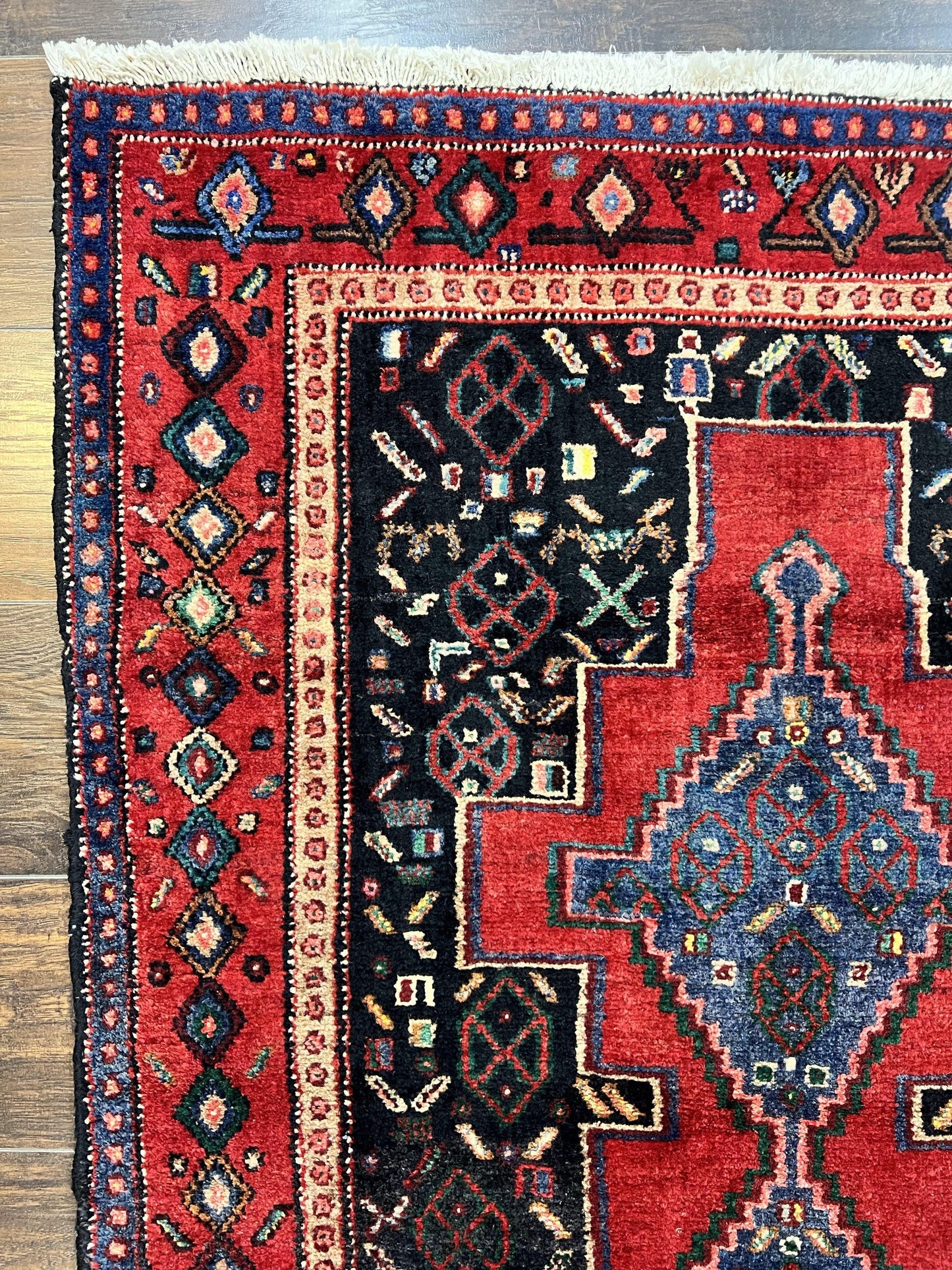 Persian Kurdish Senneh Runner Rug 3x9, Red Navy Blue, Medallions Wool Tribal Runner for Kitchen/Hallway 9ft Antique Handmade Oriental Runner - Nuvé