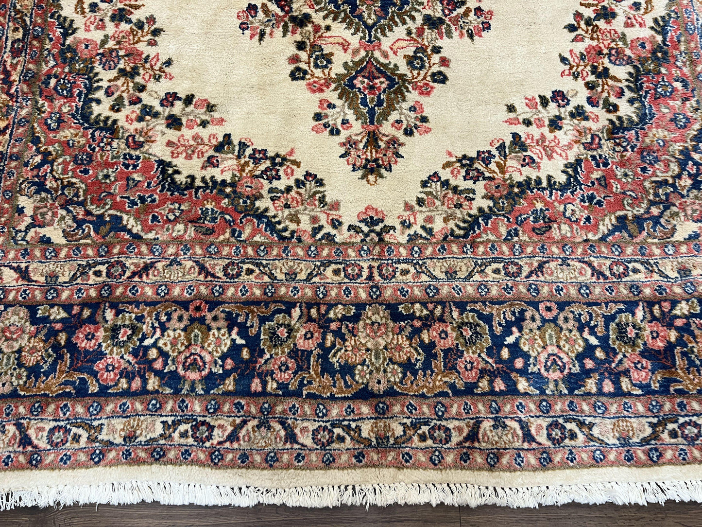 Persian Rug 9x10, Hamadan Rug, Antique Oriental Carpet, Wool Rug, Semi Open Field, Cream and Navy Blue, Kirman Design Hand Knotted Almost Square Rug - Nuvé