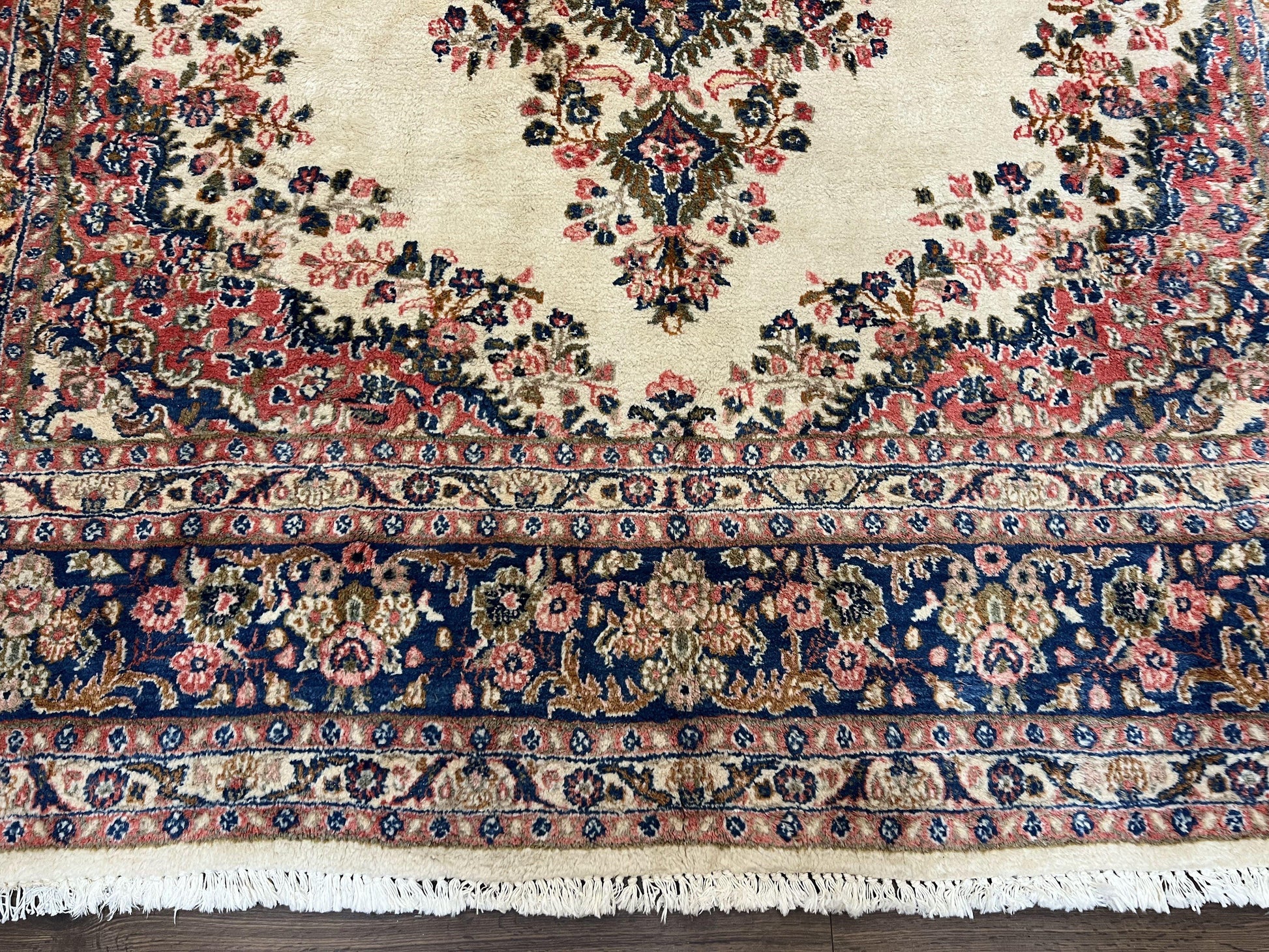 Persian Rug 9x10, Hamadan Rug, Antique Oriental Carpet, Wool Rug, Semi Open Field, Cream and Navy Blue, Kirman Design Hand Knotted Almost Square Rug - Nuvé