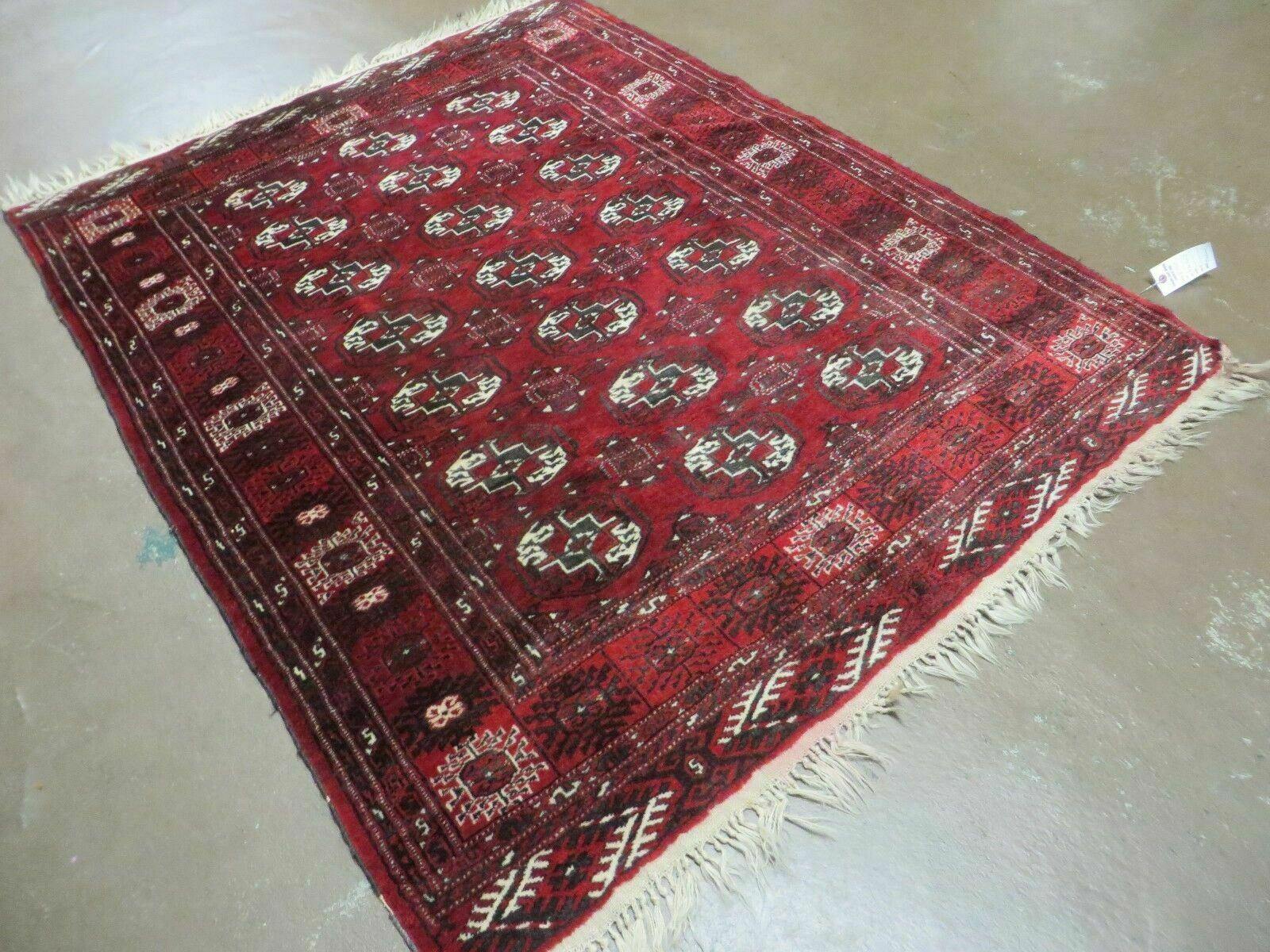 4' 5" X 5' 7" Semi Antique Handmade Afghan Yamud Turkoman Bokhara Wool Rug - Nuvé