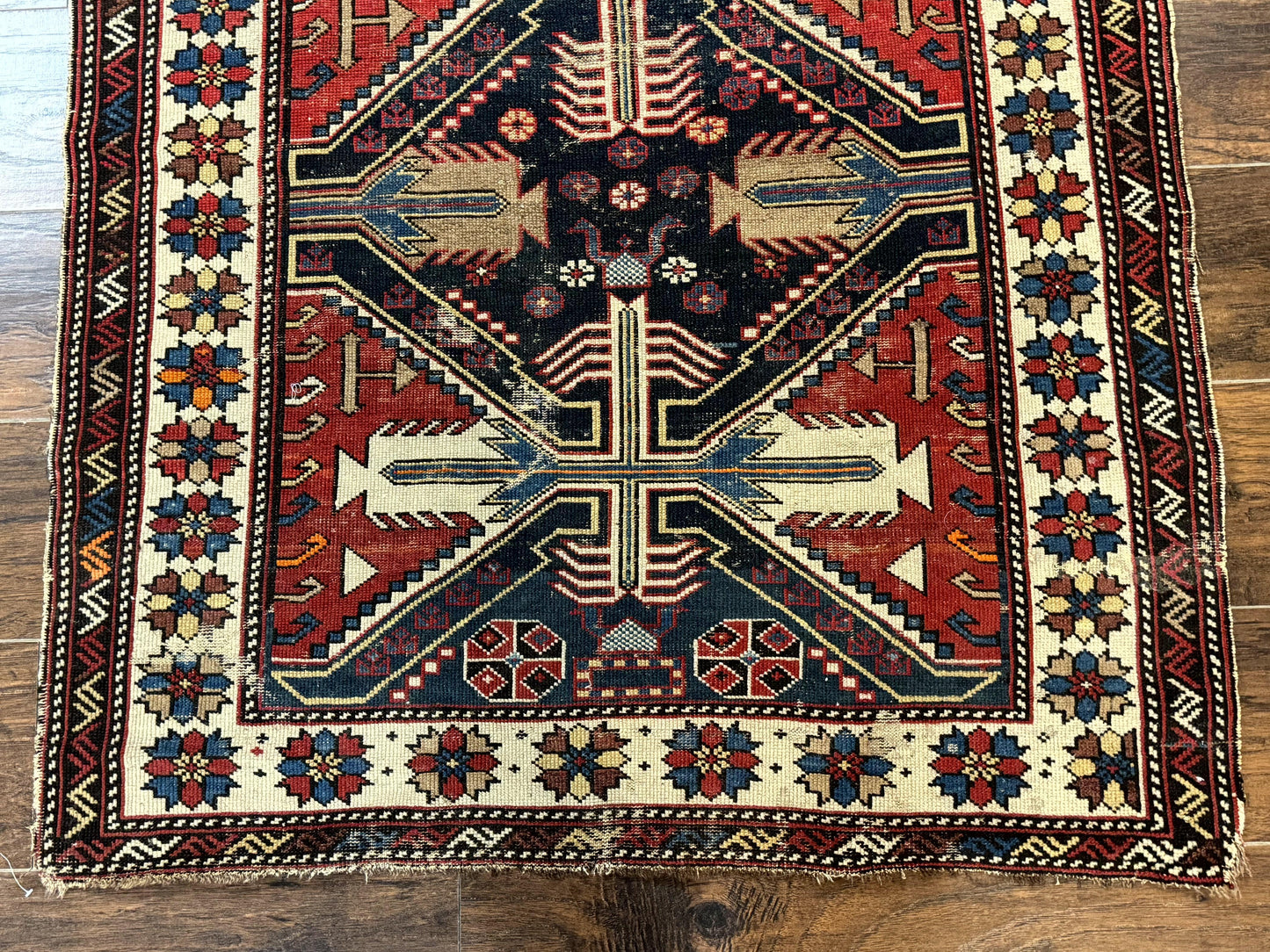 Antique Shirvan Caucasian Rug 3x5, Geometric Pattern, Red Navy Blue Beige - Nuvé