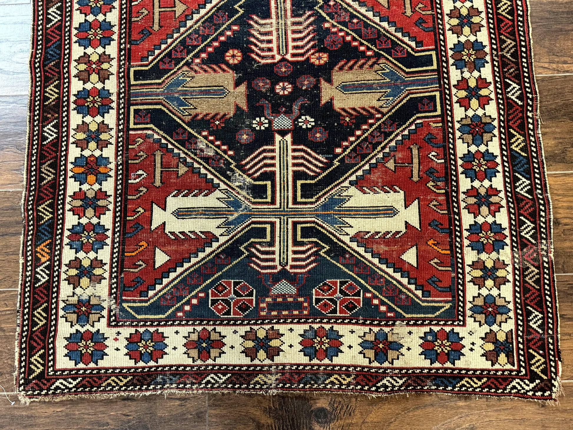 Antique Shirvan Caucasian Rug 3x5, Geometric Pattern, Red Navy Blue Beige - Nuvé