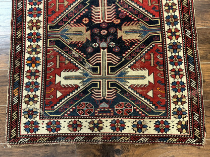 Antique Shirvan Caucasian Rug 3x5, Geometric Pattern, Red Navy Blue Beige