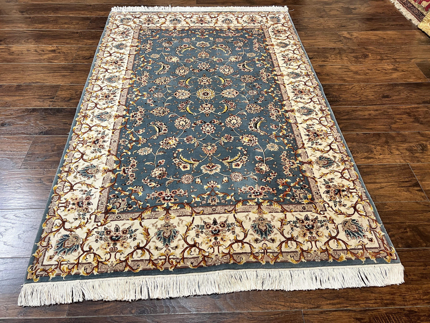 Sino Persian Rug 4x6, Very Fine Oriental Carpet, Handmade Rug 4 x 6, Floral Allover Vintage Traditional Wool & Silk Highlights, 200 KPSI - Nuvé