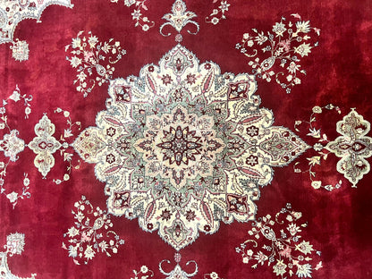 Pak Persian Rug 9x12, Handmade Vintage Traditional Wool Carpet, Floral Medallion, Dark Red Ivory/Cream, Fine 250 KPSI - Nuvé
