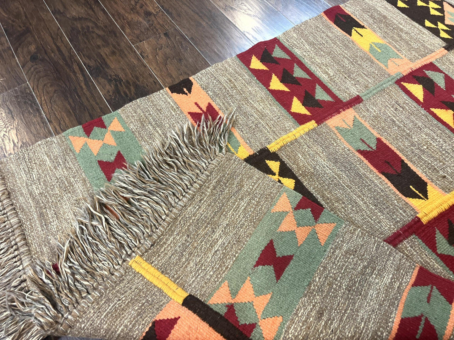 South American Flatweave Rug, Gray, Handmade Vintage Wool Bohemian Blanket - Nuvé