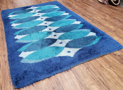 Blue Rya Rug, 1960s Mid-Century Danish Shag Rug 4'6" x 6'7", Ege Rya Modern Carpet, Cyan DeLuxe Rya Shag Rug, Vintage Area Rug 4x6, 5x7 Rug - Nuvé
