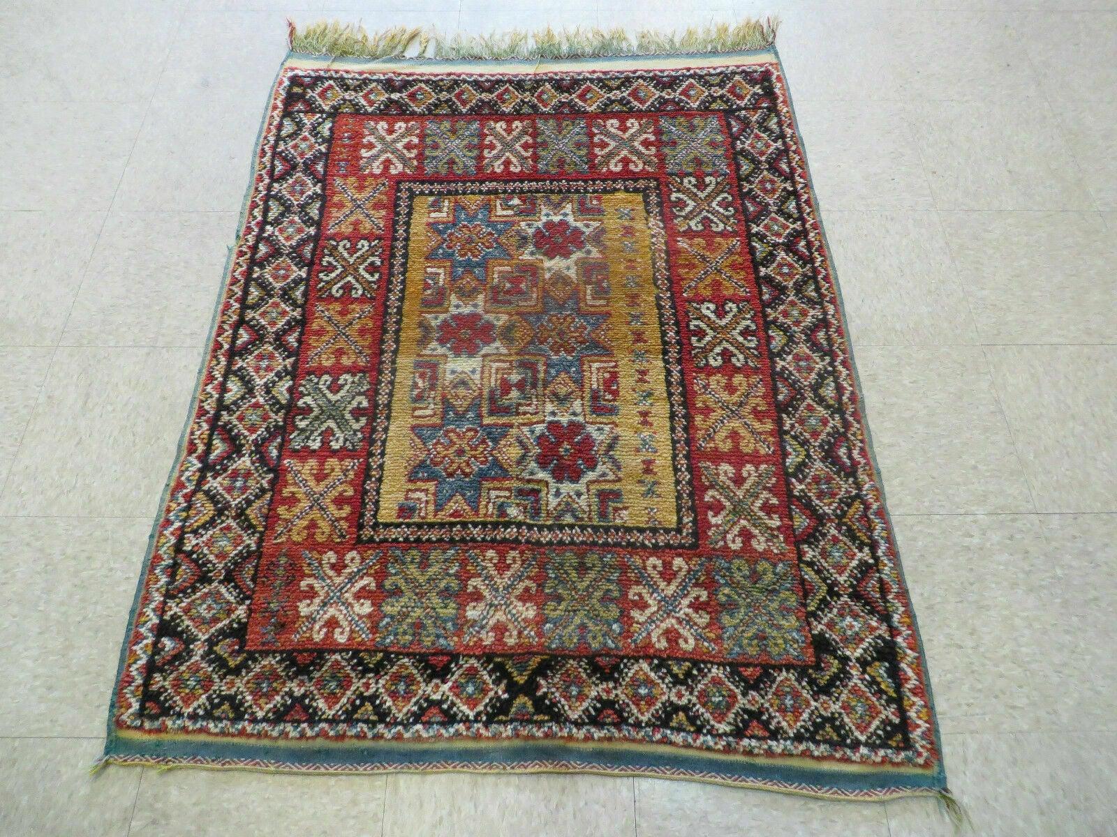 Vintage Moroccan Rug 4x5 ft, Bronze Red Black, Geometric Stars, High Quality Moroccan Carpet, Berber Rug, Handmade Wool Area Rug, Unique Rug - Nuvé