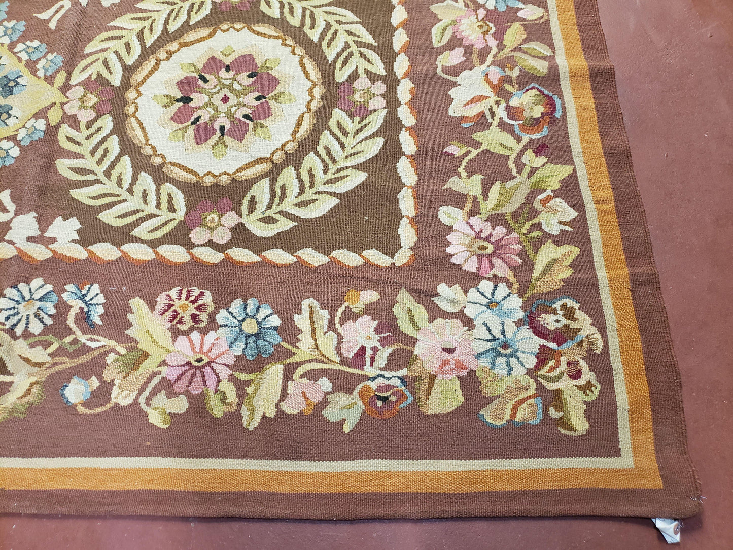 Aubusson Rug 6 x 9 Flat Weave Area Carpet European Design Flowers New Brown Rug Handmade Wool Hand-Knotted Aubusson Weave Medium Rug 6x9 - Nuvé