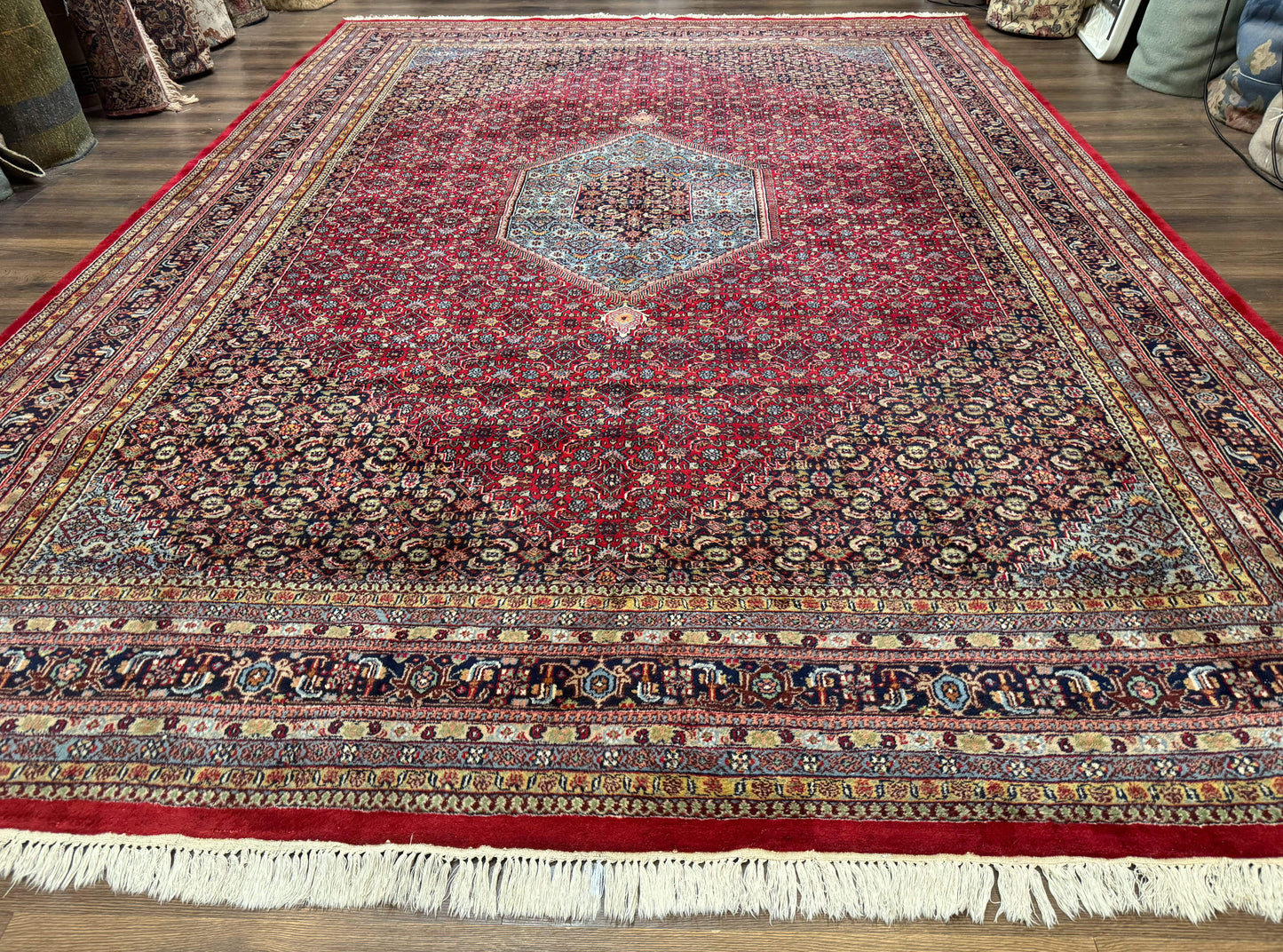 Indo Persian Bidjar Rug 10x14, Red and Dark Blue, Herati Mahi Pattern, Vintage - Nuvé