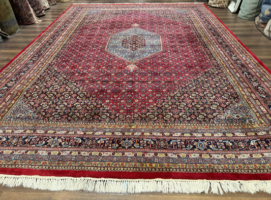 Indo Persian Bidjar Rug 10x14, Red and Dark Blue, Herati Mahi Pattern, Vintage - Nuvé