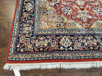 Vintage Indo Persian Oriental Rug 6 x 9.6, Wool Hand-Knotted Red Dark Blue & Gold Indian Carpet, 6 x 9 Office Room Rug, Floral Medallion - Nuvé