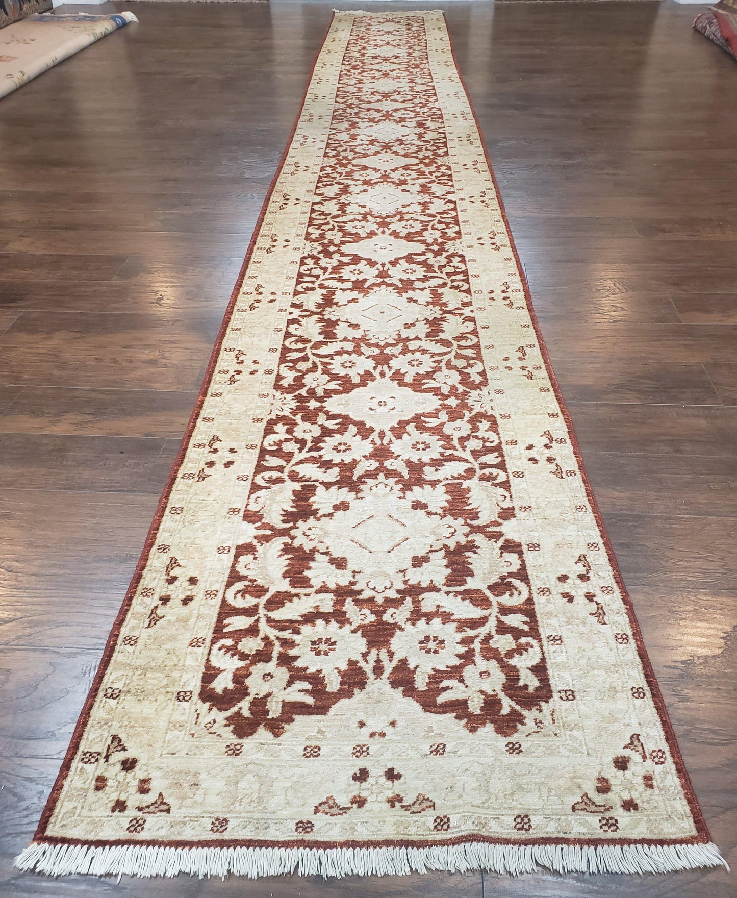 21 ft Runner Rug Long Hallway Runner, 3 x 21 Corridor Rug, Peshawar Pak Persian Chobi Agra Rug, Maroon and Beige Large Flowers Wool Handmade - Nuvé