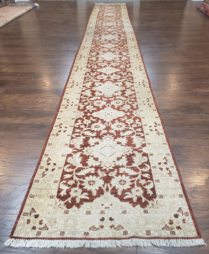21 ft Runner Rug Long Hallway Runner, 3 x 21 Corridor Rug, Peshawar Pak Persian Chobi Agra Rug, Maroon and Beige Large Flowers Wool Handmade - Nuvé