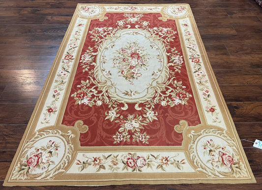 Aubusson Needlepoint Rug 5x8, Red Ivory Tan, Vintage Needlepoint Carpet 5 x 8 ft, Handmade Hand woven Wool, French European, Medium Size Rug - Nuvé
