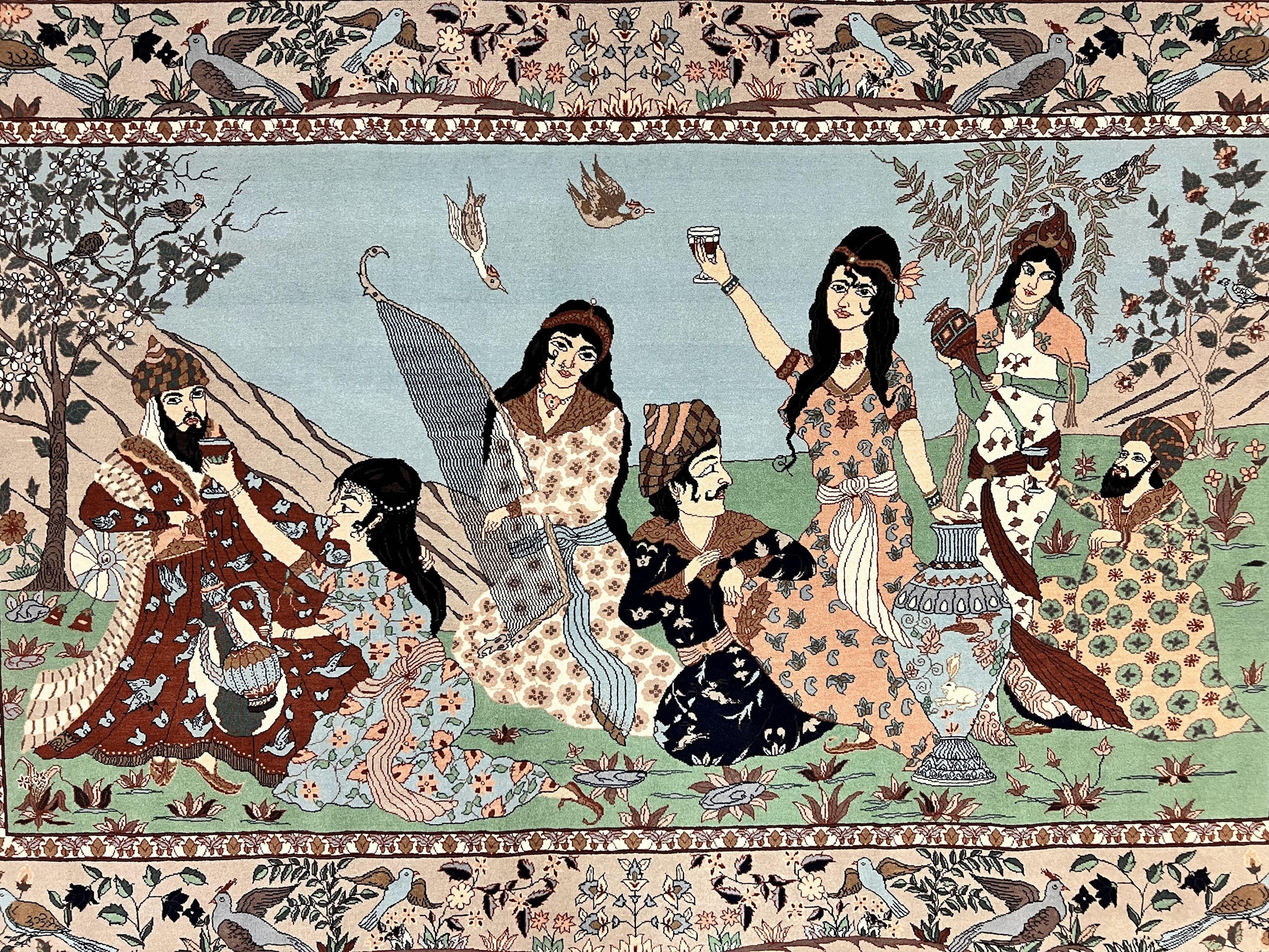 Indo Persian Pictorial Rug 4x7, Handmade Hand Knotted Wool Semi Antique Horizontal Carpet, Men & Women Drinking, Fine Rug, Bird Pictorials - Nuvé