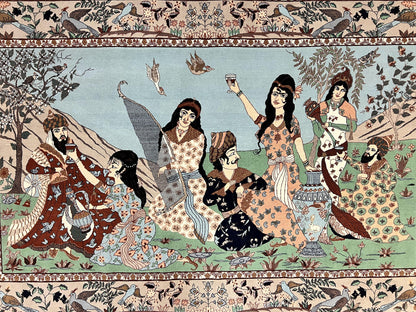 Indo Persian Pictorial Rug 4x7, Handmade Hand Knotted Wool Semi Antique Horizontal Carpet, Men & Women Drinking, Fine Rug, Bird Pictorials - Nuvé