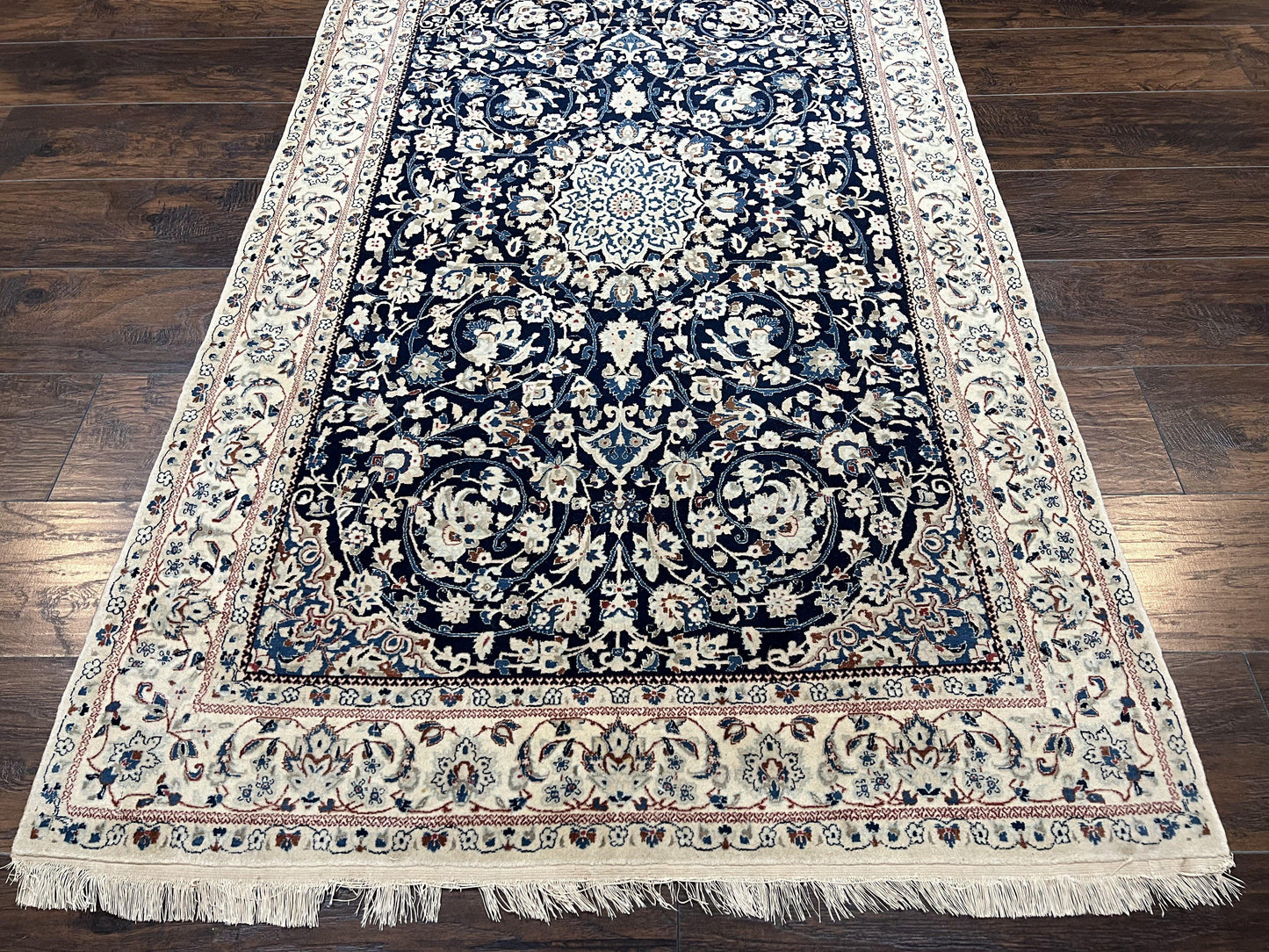 Very Fine Persian Nain Rug 3.7 x 6, Floral Medallion, Wool and Silk Accents, Highly Detailed, Hand Knotted Oriental Carpet, Navy Blue Ivory/Cream - Nuvé