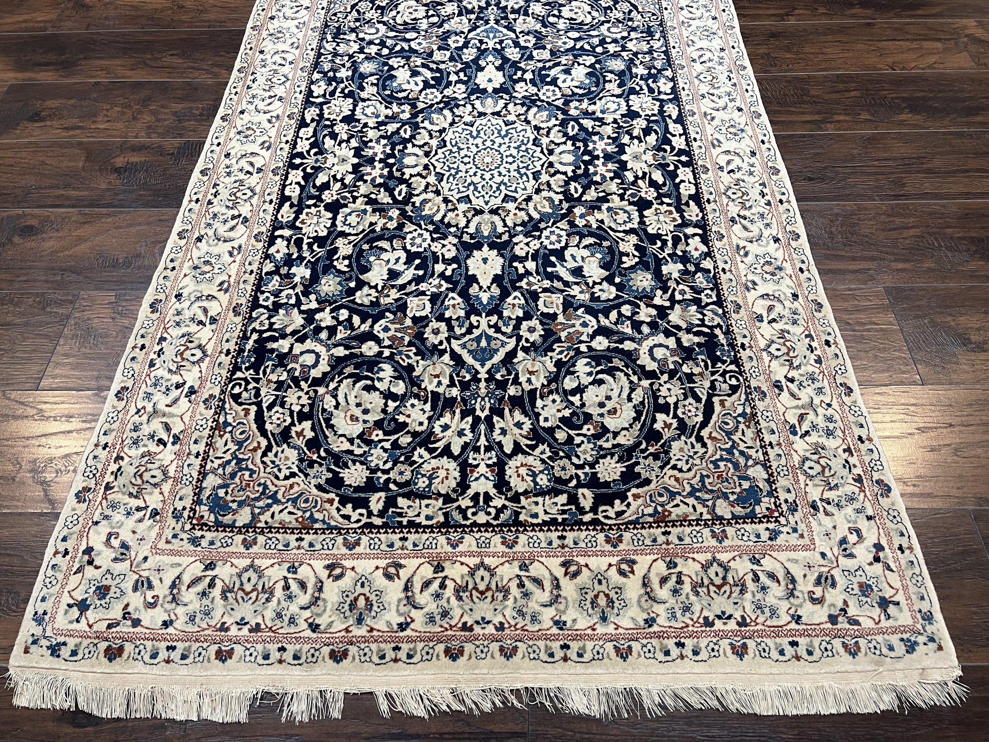 Very Fine Persian Nain Rug 3.7 x 6, Floral Medallion, Wool and Silk Accents, Highly Detailed, Hand Knotted Oriental Carpet, Navy Blue Ivory/Cream - Nuvé