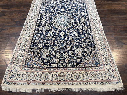 Very Fine Persian Nain Rug 3.7 x 6, Floral Medallion, Wool and Silk Accents, Highly Detailed, Hand Knotted Oriental Carpet, Navy Blue Ivory/Cream - Nuvé