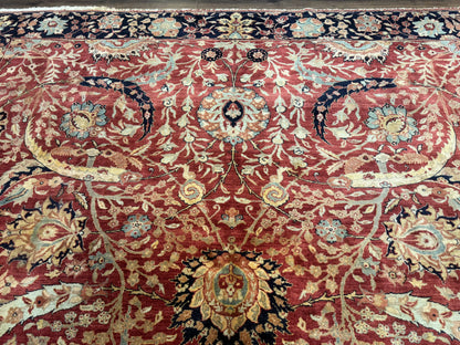 Indian Agra Rug 9x11, Terracotta and Navy Blue, Sickle Leaf Rug - Nuvé