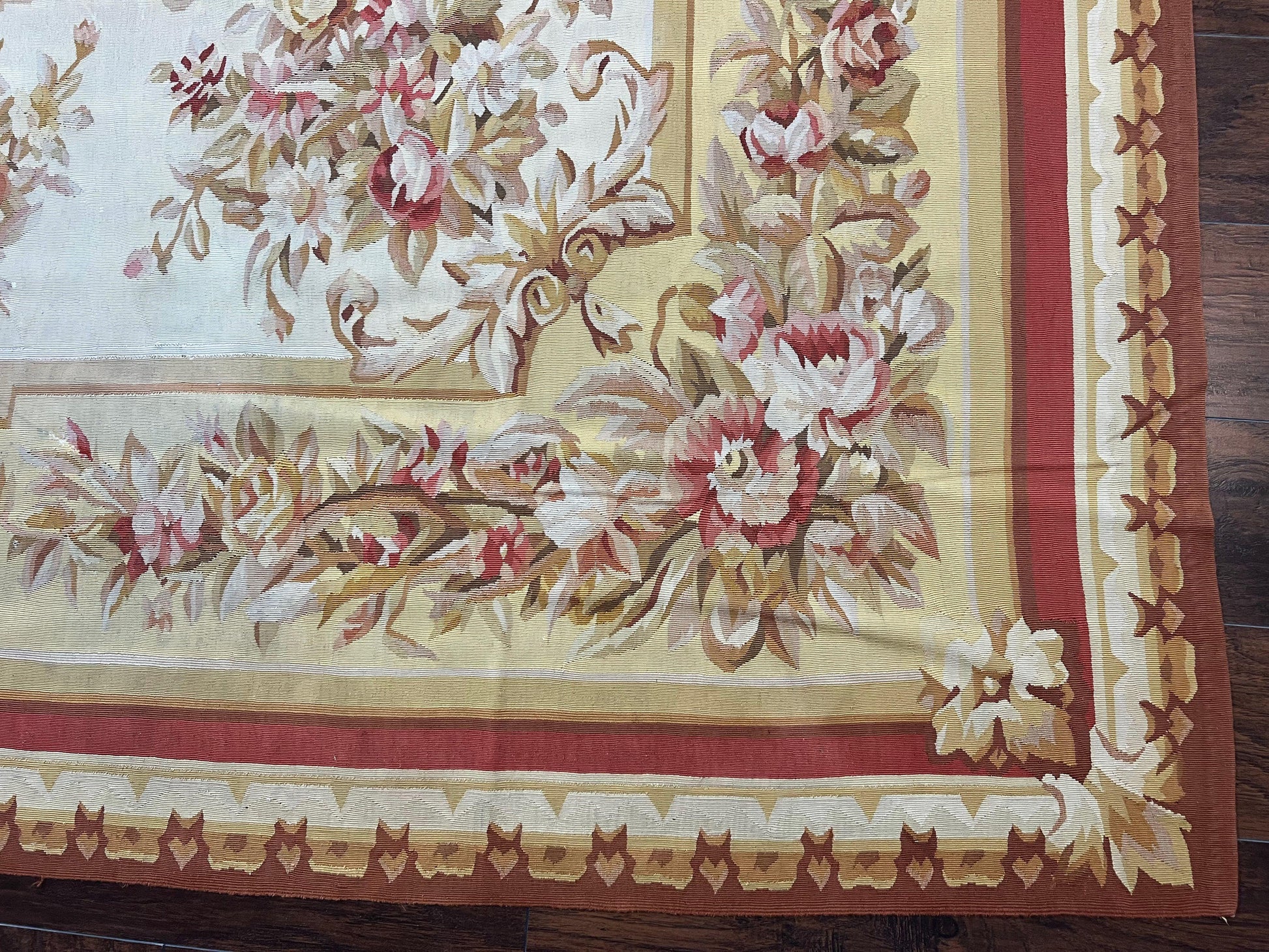 Aubusson Rug 9x12, Elegant Flatweave Savonnerie Carpet 9 x 12 ft, Ivory Light Yellow Red, Handmade Wool Flatweave French European Rug - Nuvé