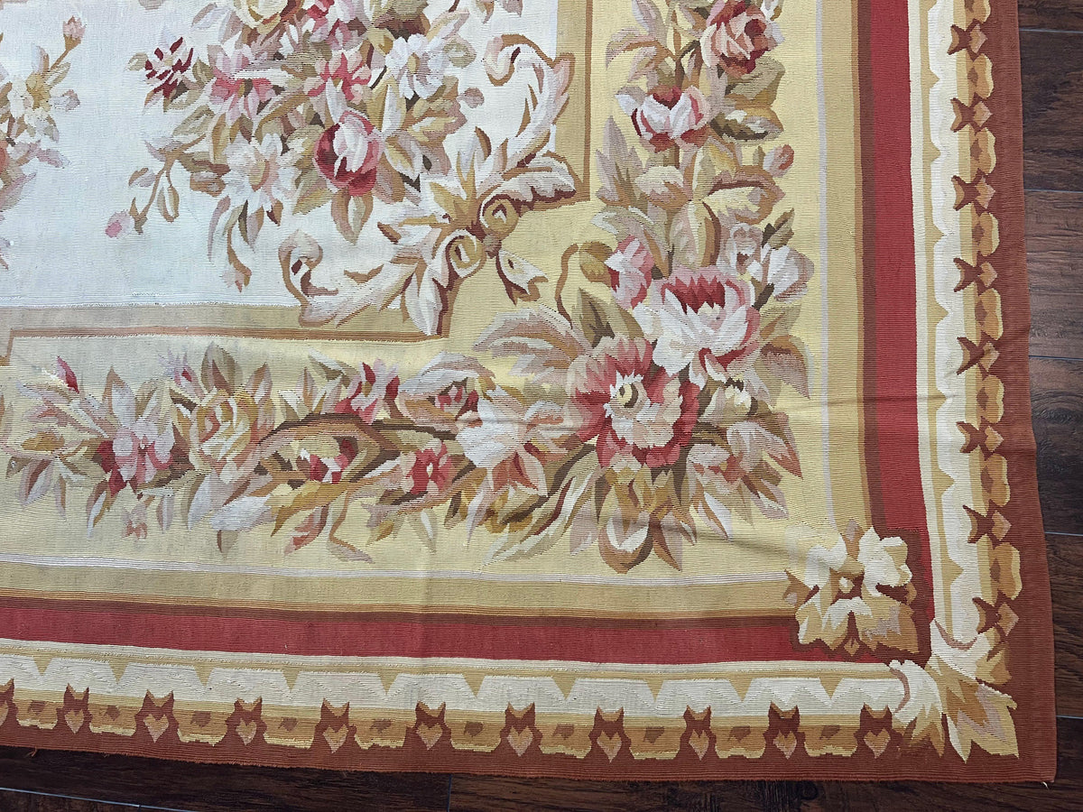 Aubusson Rug 9x12, Elegant Flatweave Savonnerie Carpet 9 x 12 ft, Ivory Light Yellow Red, Handmade Wool Flatweave French European Rug