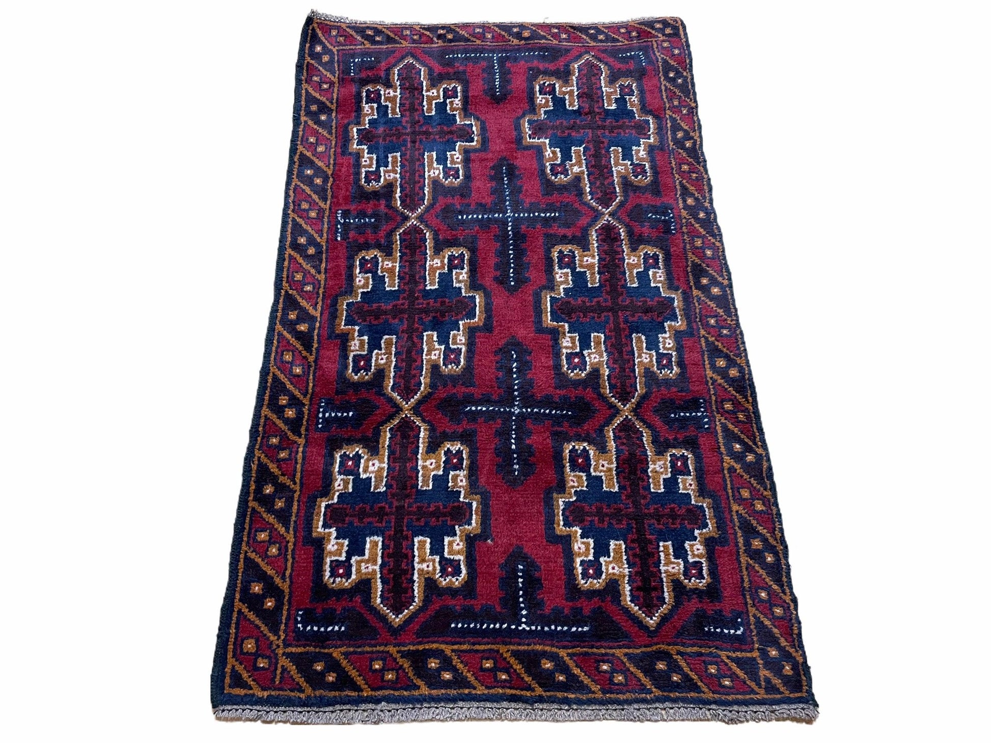 2' 7" X 4' 6" Vintage Handmade Tribal Wool Rug Balouchi Rug Afghan Rug Red Blue - Nuvé