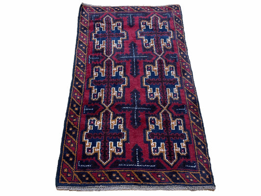2' 7" X 4' 6" Vintage Handmade Tribal Wool Rug Balouchi Rug Afghan Rug Red Blue - Nuvé