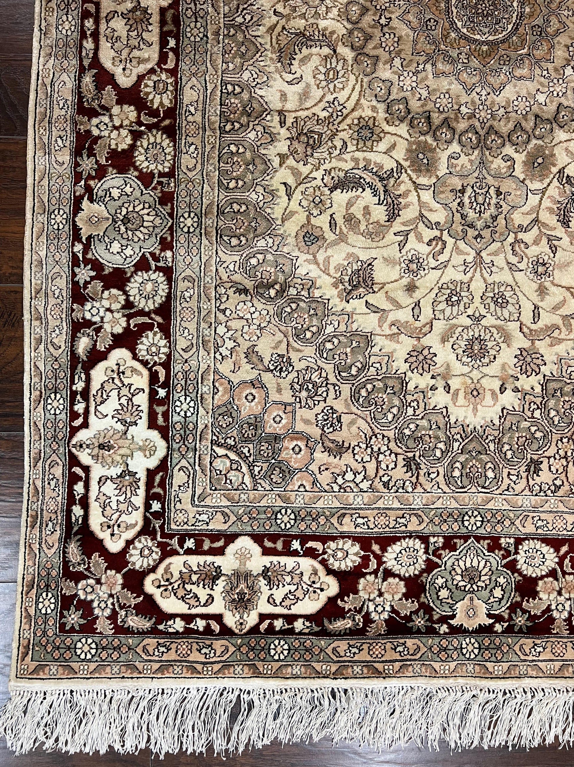 Silk Indian Kashmiri Rug 4x6 ft, Floral Medallion Hand Knotted Handmade Oriental Carpet, Vintage, Cream Burgundy, Very Fine Silk Rug 4 x 6 - Nuvé