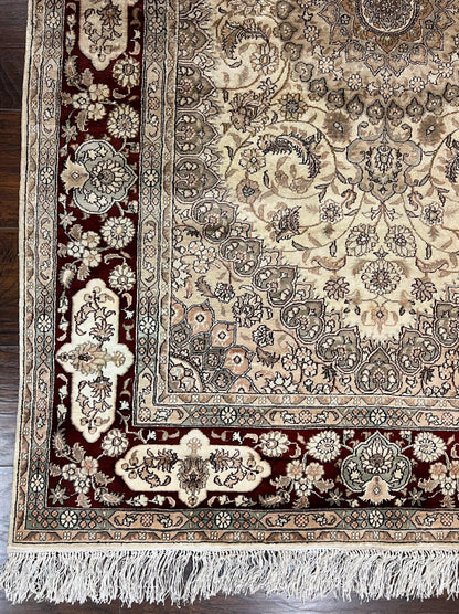 Silk Indian Kashmiri Rug 4x6 ft, Floral Medallion Hand Knotted Handmade Oriental Carpet, Vintage, Cream Burgundy, Very Fine Silk Rug 4 x 6 - Nuvé