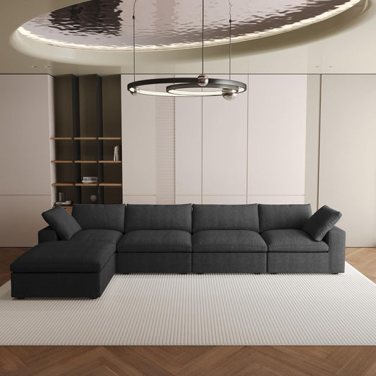 Nuvé® Solace Modular Bouclé Cloud Sofa - Obsidian Black - 4-Seater Sectional Sofa with Ottoman - Nuvé