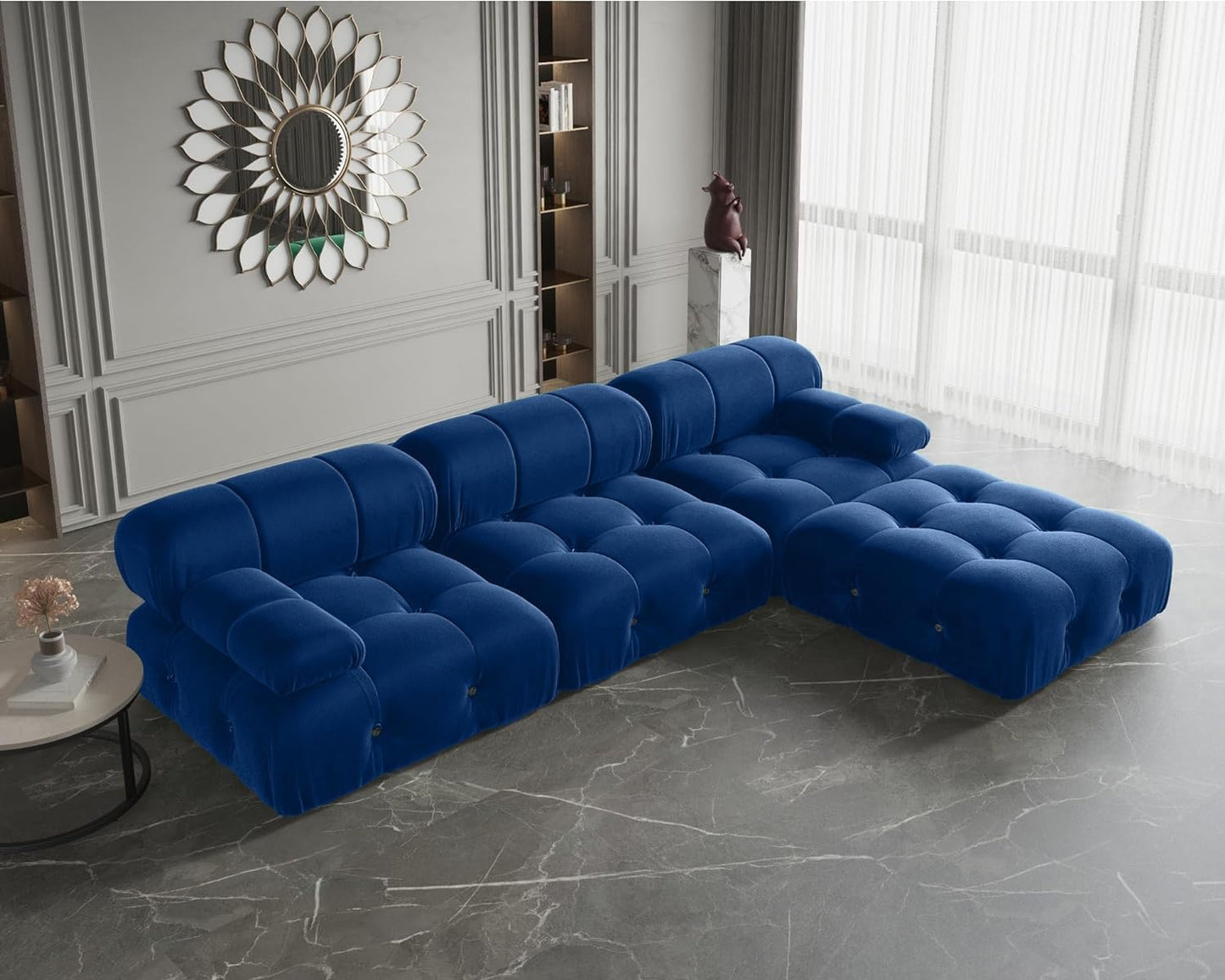 Nuvé® Takumi Velvet Modular Bouclé Cloud Sofa - Blue - 3-Seater Sofa with 1 Ottoman - Nuvé