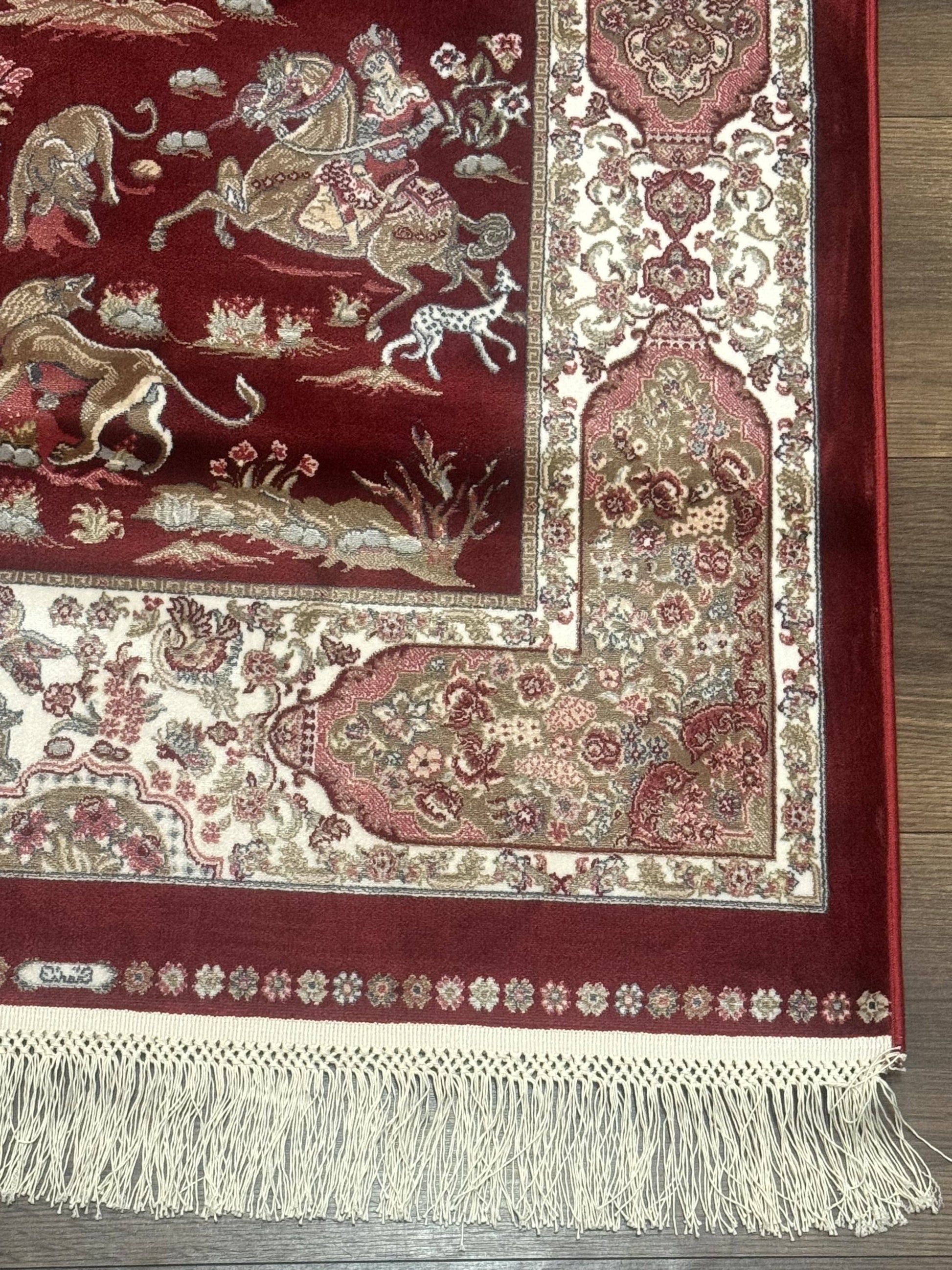 Turkish Silk Rug 2.6 x 6.7, Hunting Design, Short Runner Rug, Red & Ivory, Bamboo Silk, New - Nuvé