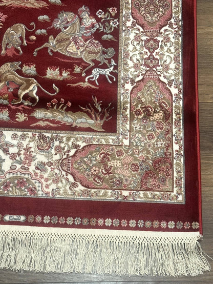 Turkish Silk Rug 2.6 x 6.7, Hunting Design, Short Runner Rug, Red & Ivory, Bamboo Silk, New - Nuvé