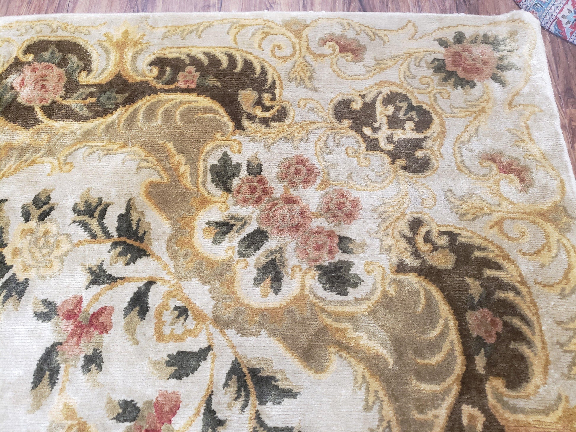 Aubusson Rug 10x14, Elegant French European Design, Vintage Handmade Carpet with Pile, Beige Floral Dining Room Rug, Living Room, Soft Wool - Nuvé