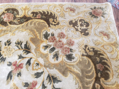 Aubusson Rug 10x14, Elegant French European Design, Vintage Handmade Carpet with Pile, Beige Floral Dining Room Rug, Living Room, Soft Wool - Nuvé