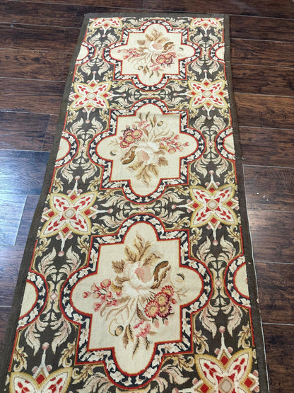 Needlepoint Runner Rug 2.7 x 9.7, European French Design, Wool, Handmade, Vintage - Nuvé