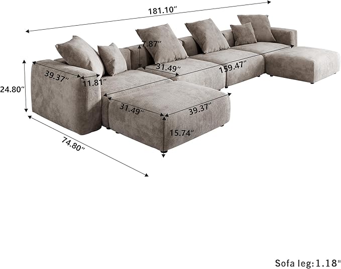 Kanso Corduroy Modular Bouclé Cloud Couch - Brown - 4-Seater Sectional Sofa with 2 Ottomans - Nuvé