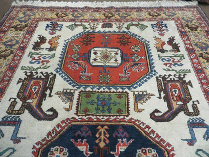 7' X 10' Vintage Handmade Knotted Turkish Wool Rug Birds Animal Ivory Organic