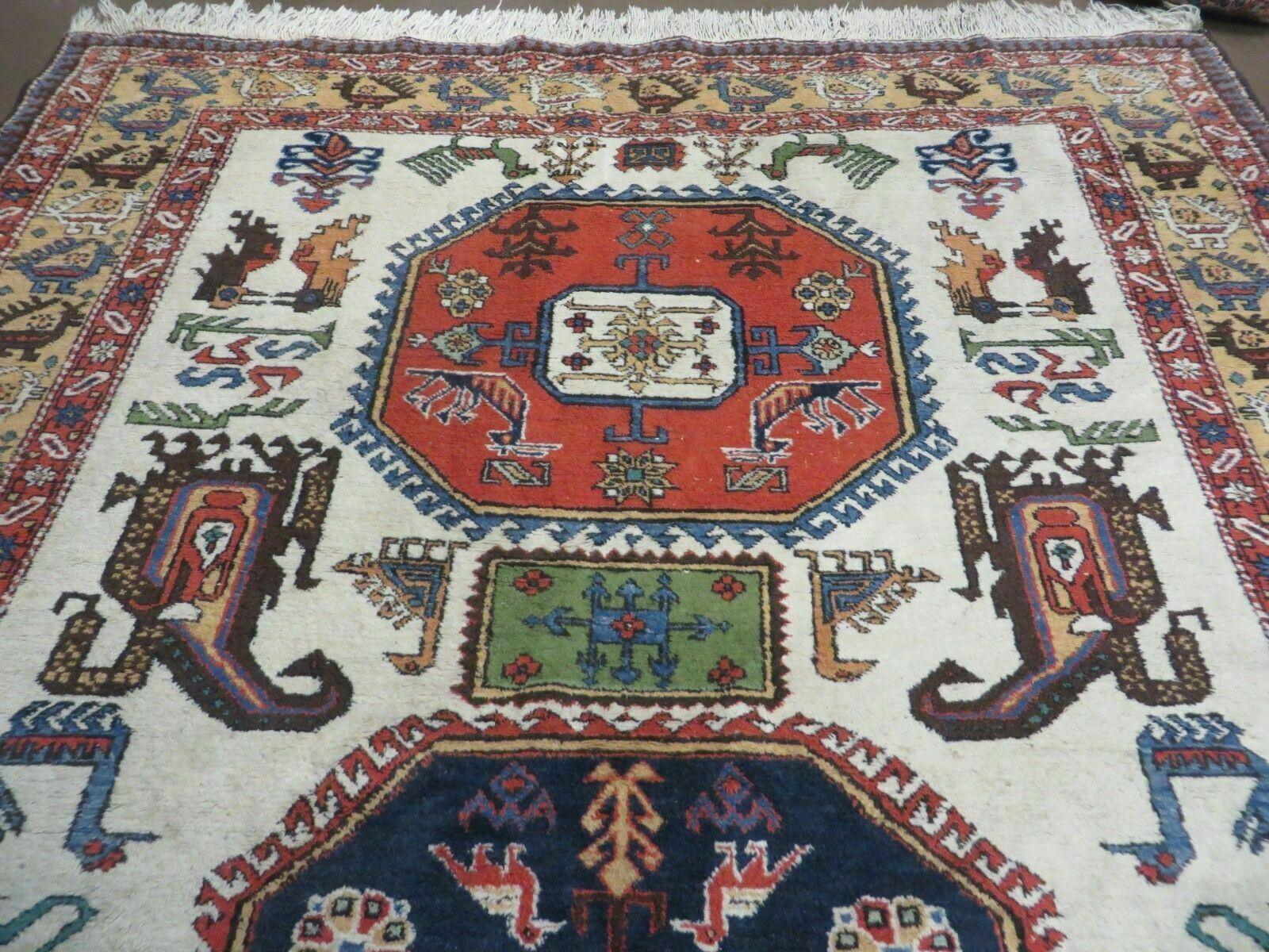 7' X 10' Vintage Handmade Knotted Turkish Wool Rug Birds Animal Ivory Organic - Nuvé