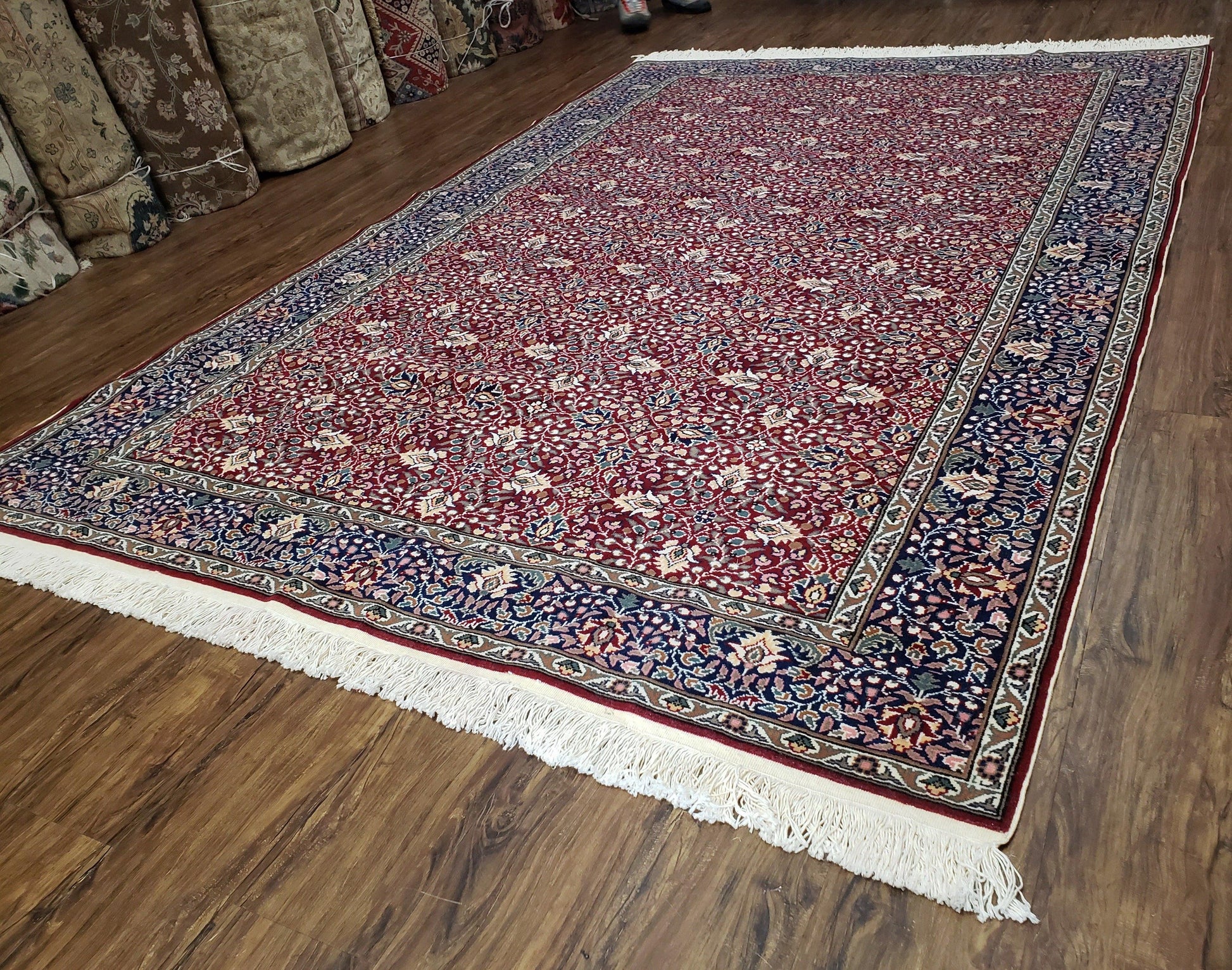 Vintage Turkish Sivas Area Rug 6.5 x 9.5, Wool Hand-Knotted Red & Midnight Blue Allover Floral Pattern Oriental Carpet, 6x9 Traditional Rug - Nuvé
