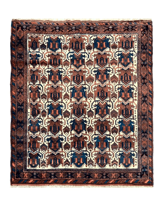 Persian Afshar Rug 4x5, Repeated Motif, Ivory & Burgundy, Wool Tribal Oriental Carpet, Handmade Vintage Semi Antique Medium Sized Rug