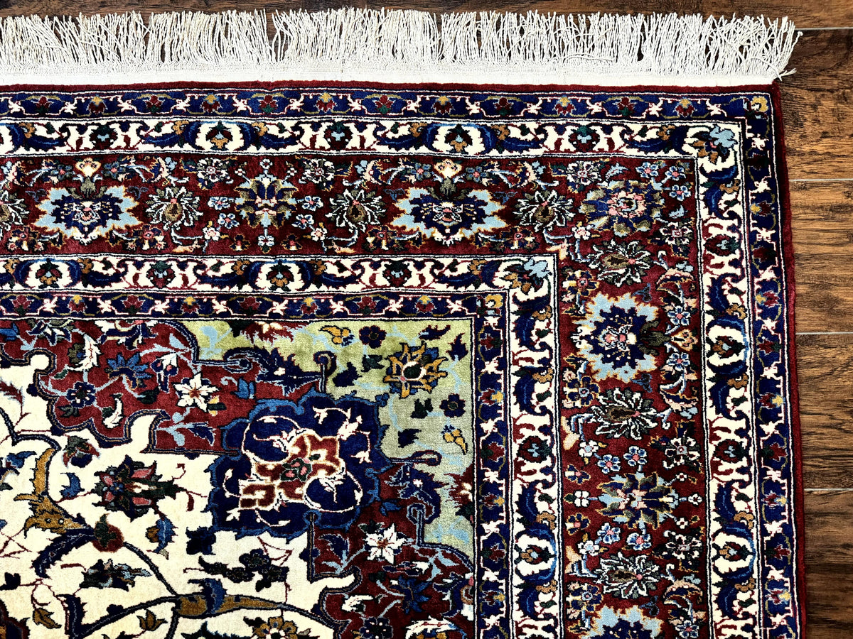 Wonderful Persian Isfahan Rug 7x9, Ivory Navy Blue Red, Floral Medallion, Very Finely Hand Knotted 260 KPSI, Handmade Wool Vintage Rug