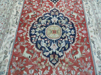6' X 9' Vintage Handmade India Oriental Floral Wool Rug Hunting Bird Deer Nice - Nuvé